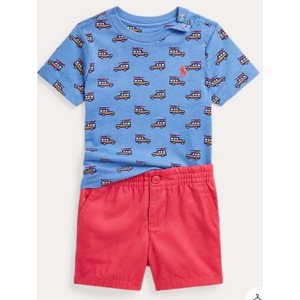 Ralph Lauren Baby Car Print Cotton Tee & Chino Short Set 12m 12 Month 3m 3 Month